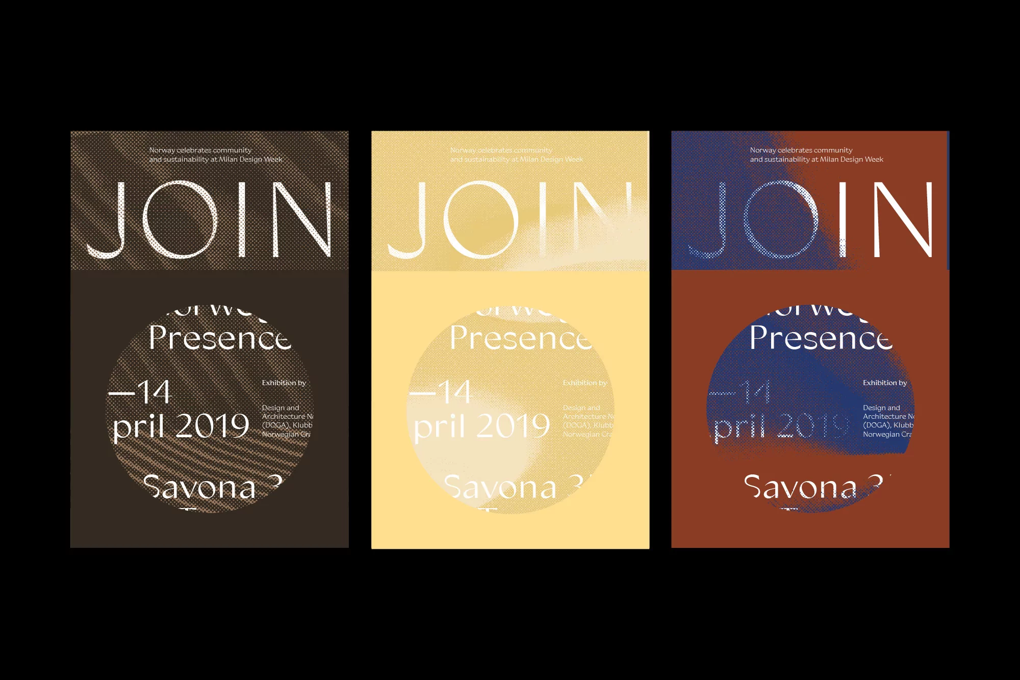 Three graphic design posters featuring the text 'Join Presence' and event details, set against a black background.