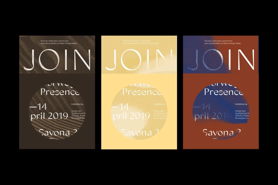 Three graphic design posters featuring the text 'Join Presence' and event details, set against a black background.