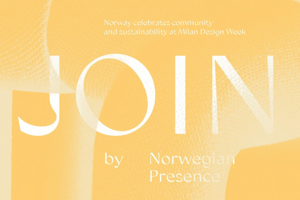 Abstract typographic graphic in shades of yellow with white letters reading 'JOIN by Norwegian Presence'. Design Week marketing graphic.