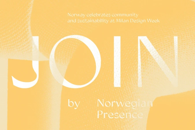 Abstract typographic graphic in shades of yellow with white letters reading 'JOIN by Norwegian Presence'. Design Week marketing graphic.