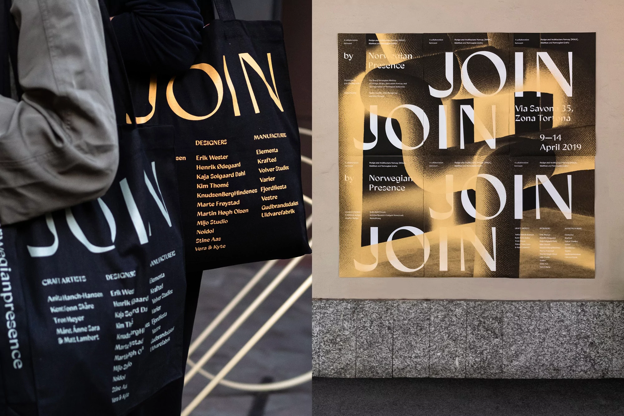 Two people with black tote bags, featuring 'JOIN' in large font and a poster with the same word and event details on a textured wall.