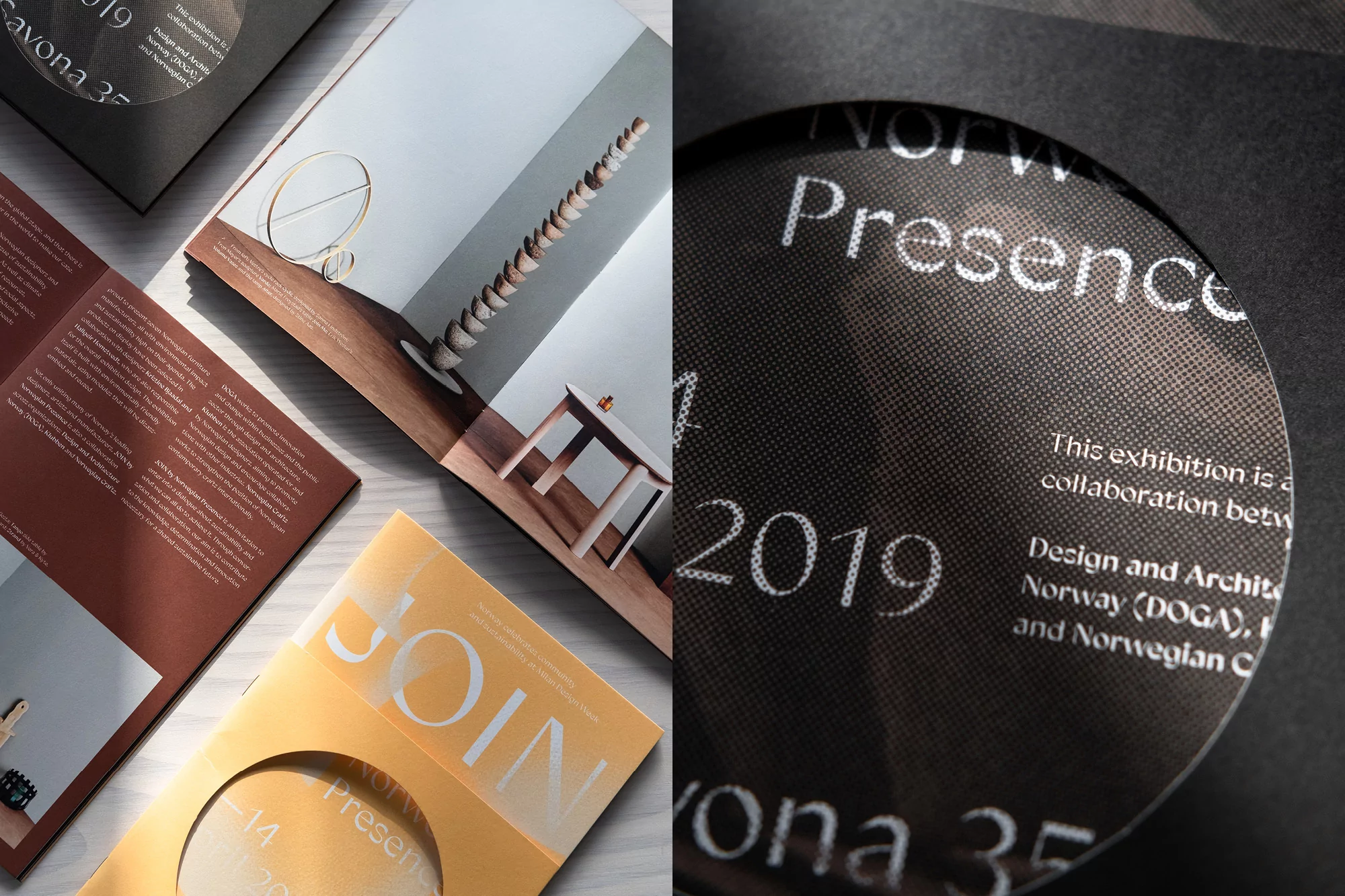 Brochures showcasing interior design and architectural collaboration. Circular die-cut reveals text. Warm and cool tones.