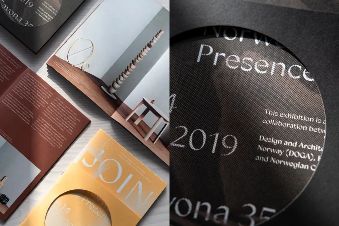 Brochures showcasing interior design and architectural collaboration. Circular die-cut reveals text. Warm and cool tones.