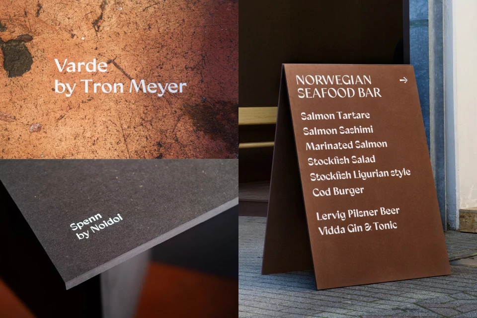 Promotional images of a restaurant menu board, a textured surface with text, and a black surface, all featuring white text.