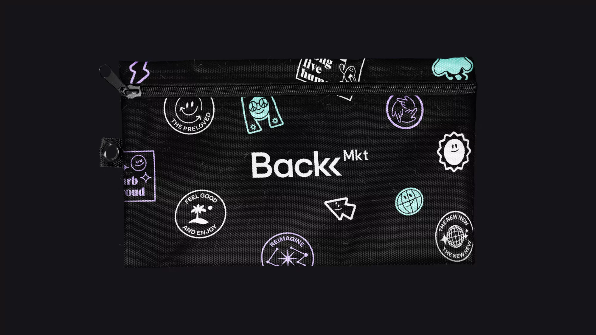 Black zipper pouch with assorted icons and text graphics, product branding, and minimalist design against a dark background.