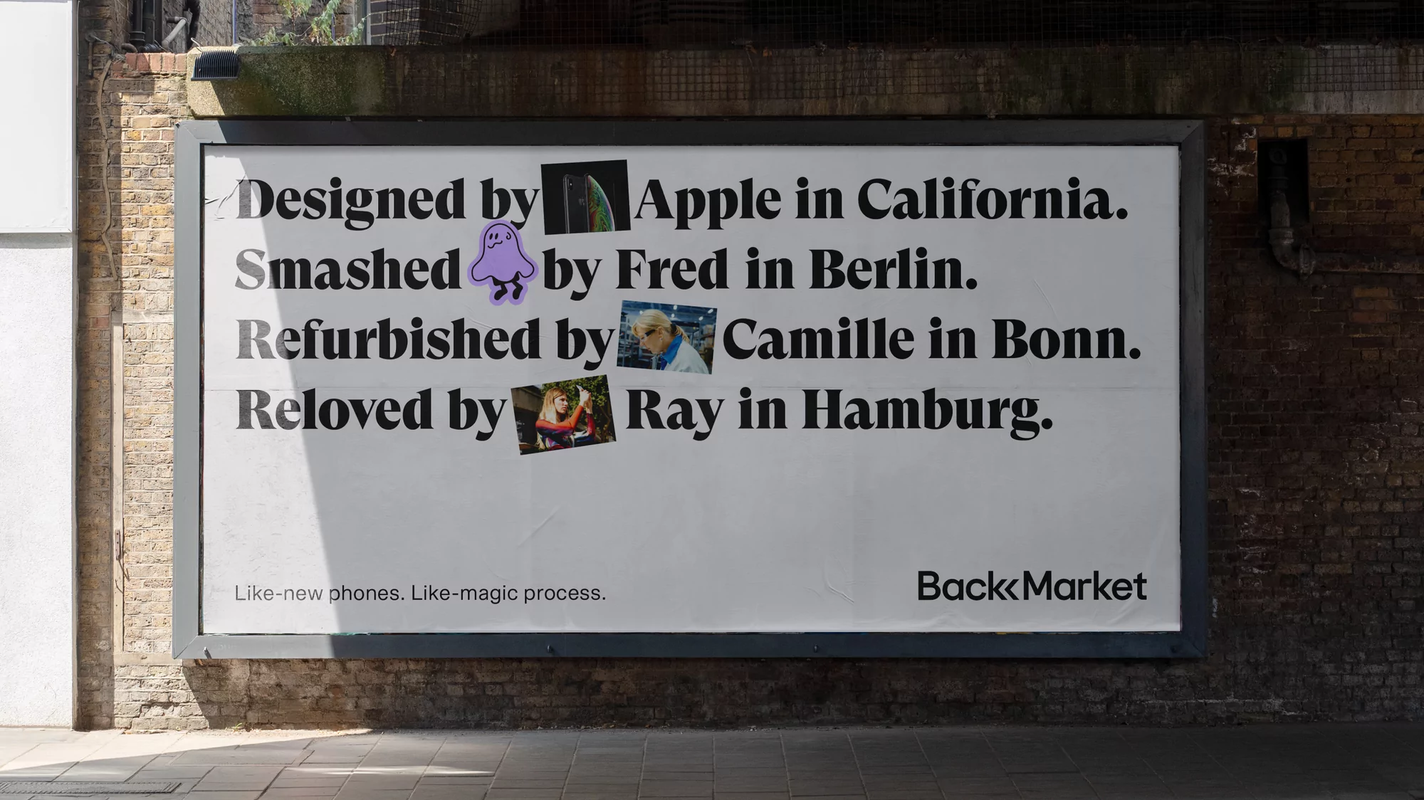 Outdoor advertisement featuring a Back Market ad with text: "Designed by Apple in California. Smashed by Fred in Berlin", and more.