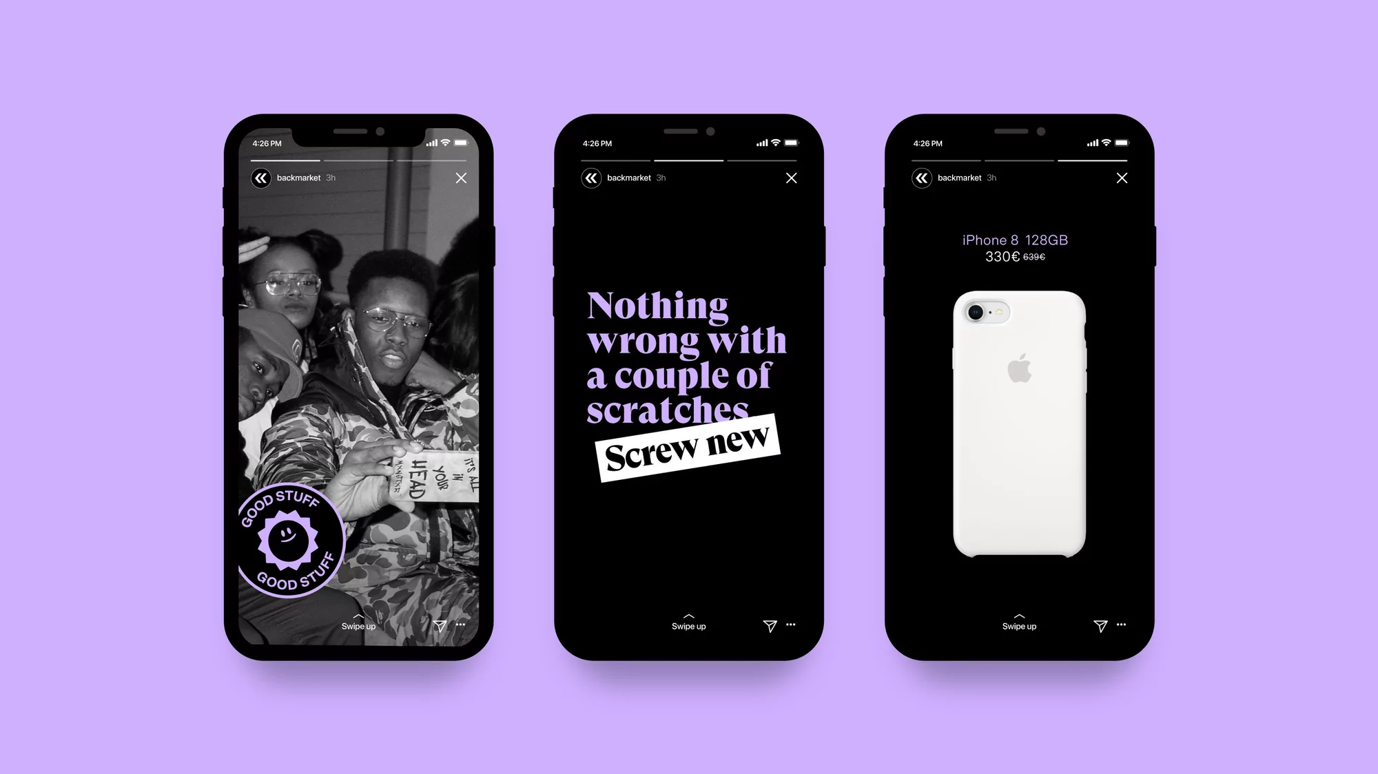 Three black mobile phone screens display a product advertised by backmarket: a group portrait, text about scratches, and a new iPhone.