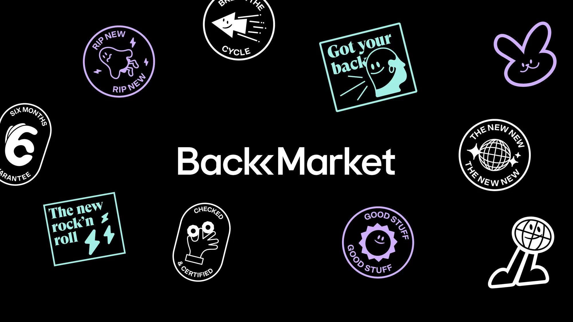 Back Market logo and branding graphics featuring taglines and icons in a flat vector art style against a solid black backdrop.
