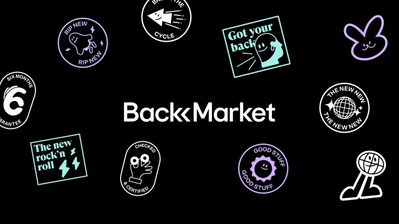 Back Market logo and branding graphics featuring taglines and icons in a flat vector art style against a solid black backdrop.