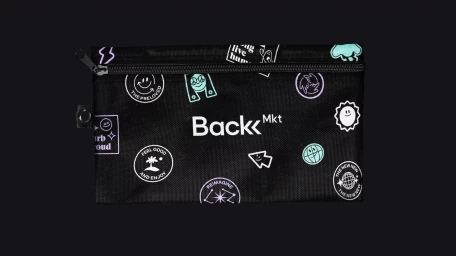 Black fabric zipper pouch featuring white and purple doodle patterns and the Back Market logo against a dark background