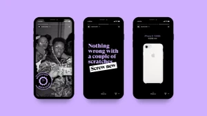 Three vertical smartphone mockups displaying social media story interfaces against a light purple background.
