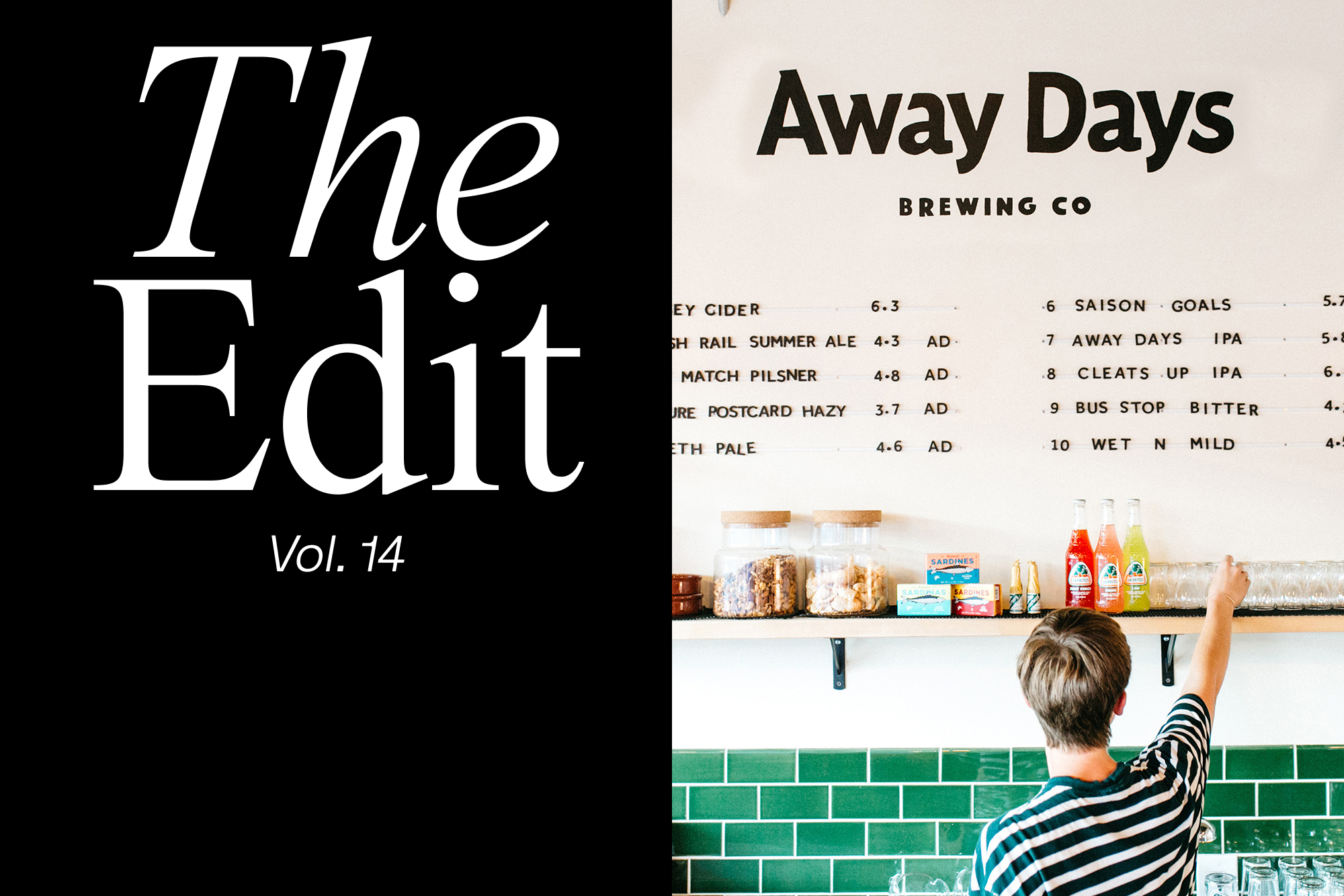 Brewery menu with an adult reaching for a glass on a shelf, set against a black and white graphic of "The Edit Vol. 14".