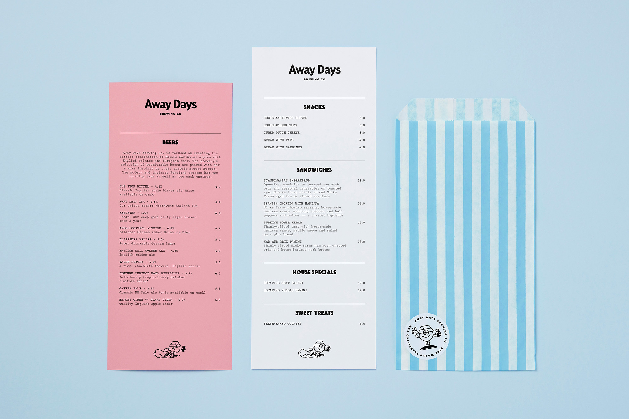 Promotional image for Away Days Brewing Co. featuring a pink menu, a white menu, and a blue-and-white striped bag on blue background.
