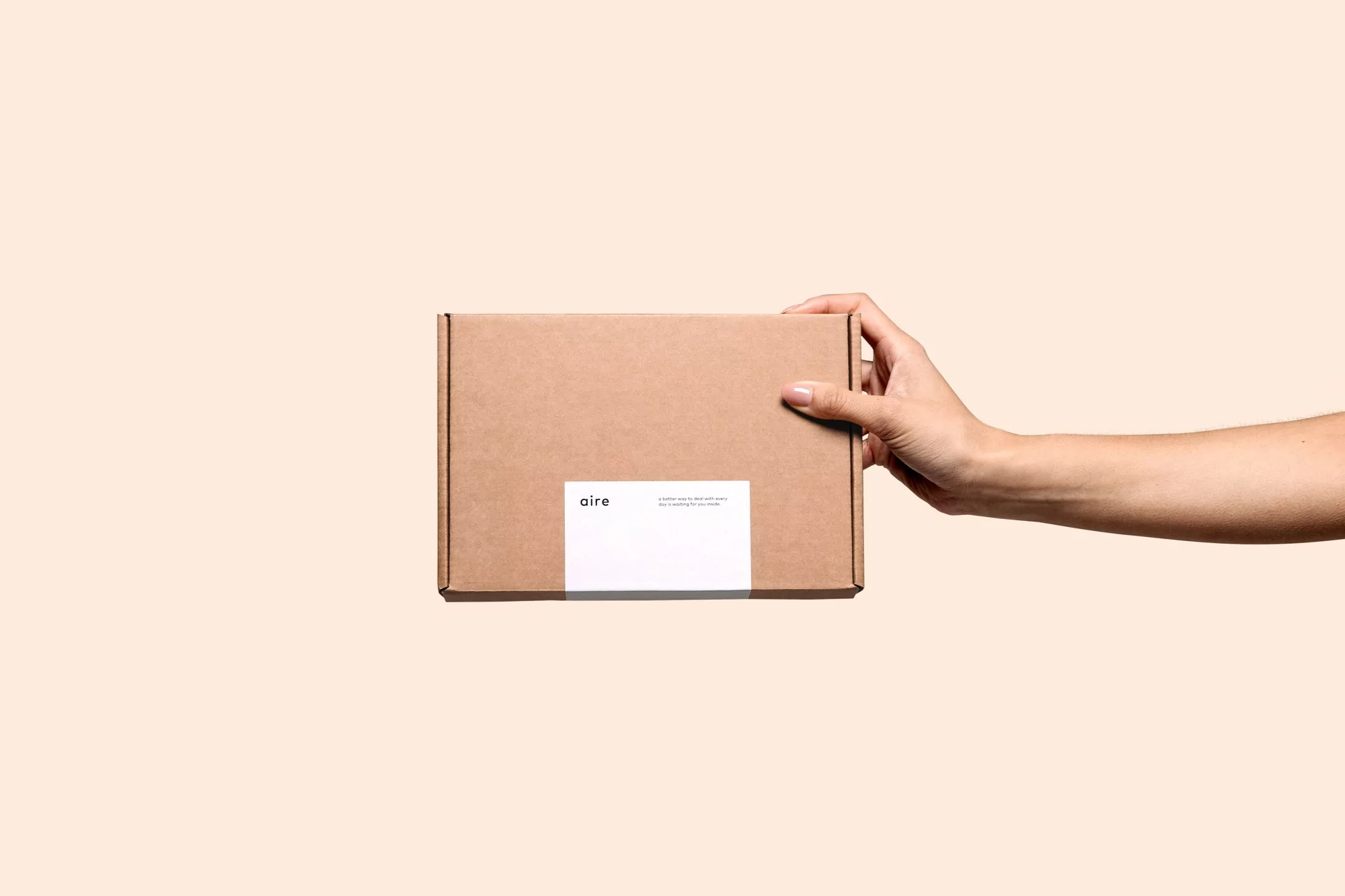 A hand holds a cardboard box with a white label on a peach background, presenting a product delivery with a clean and minimalist aesthetic.