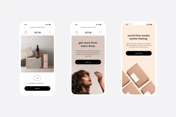 Three smartphone screens display a CBD product e-commerce app with a woman using the product, and boxes against a clean backdrop.