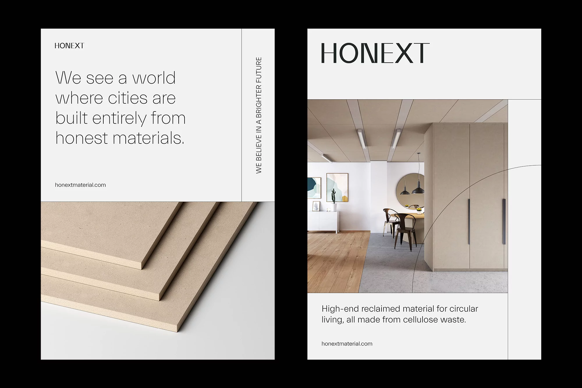 Interior design material advertisement: material close-up, interior view of dining room with table, chairs, minimalist design aesthetic.
