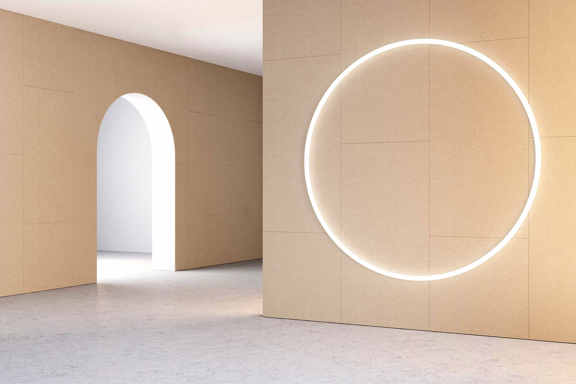 Minimalist interior design with a light beige wall featuring a circular neon light and an arched doorway leading to a bright space.