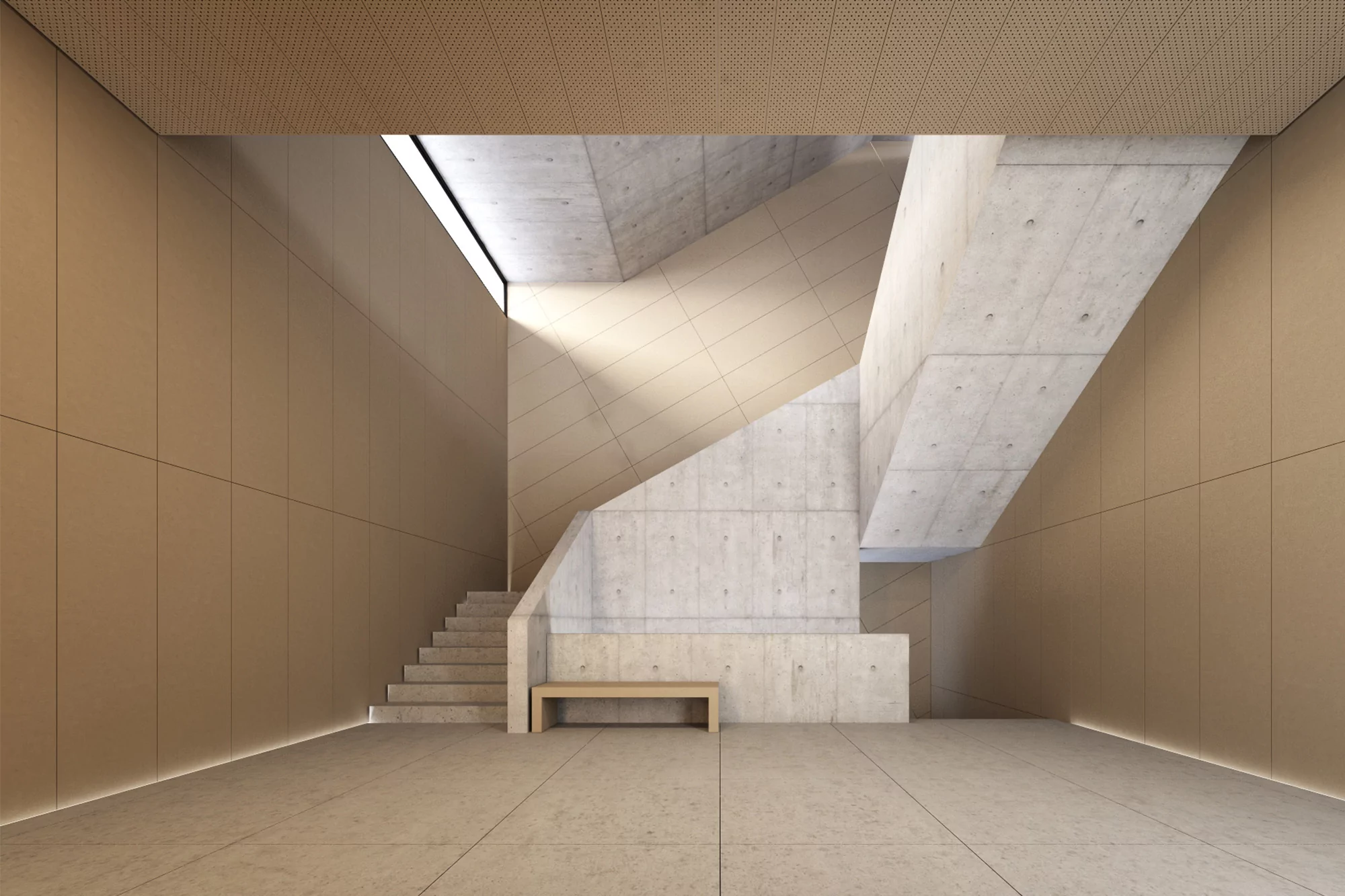 Minimalist interior architecture featuring concrete staircase, wooden bench, neutral color palette, and geometric design elements.