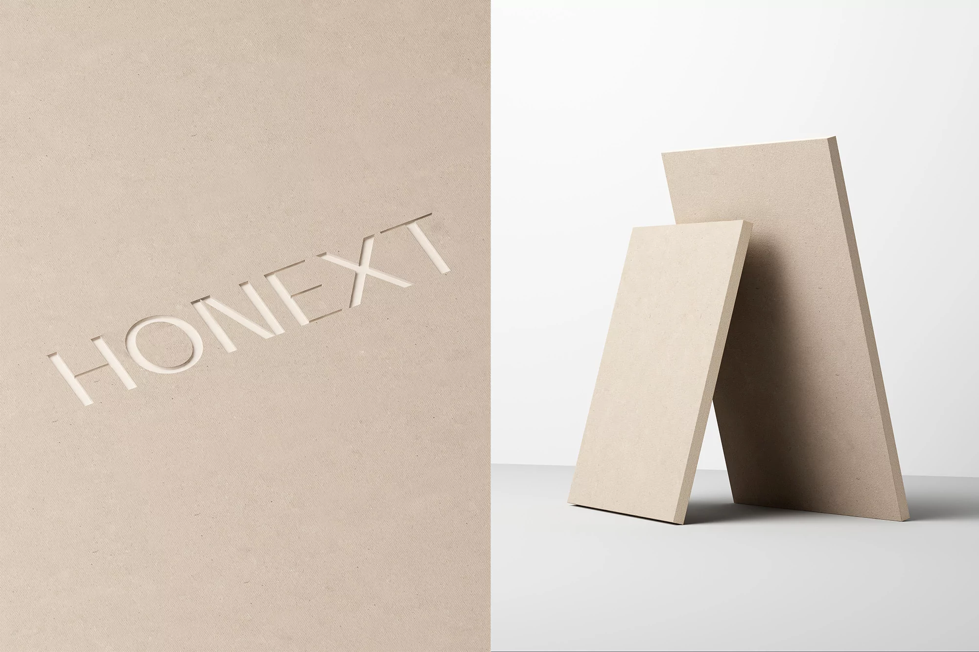 Beige architectural product advertisement featuring two rectangular stone slabs, with the brand name HONEXT embossed on the surface.