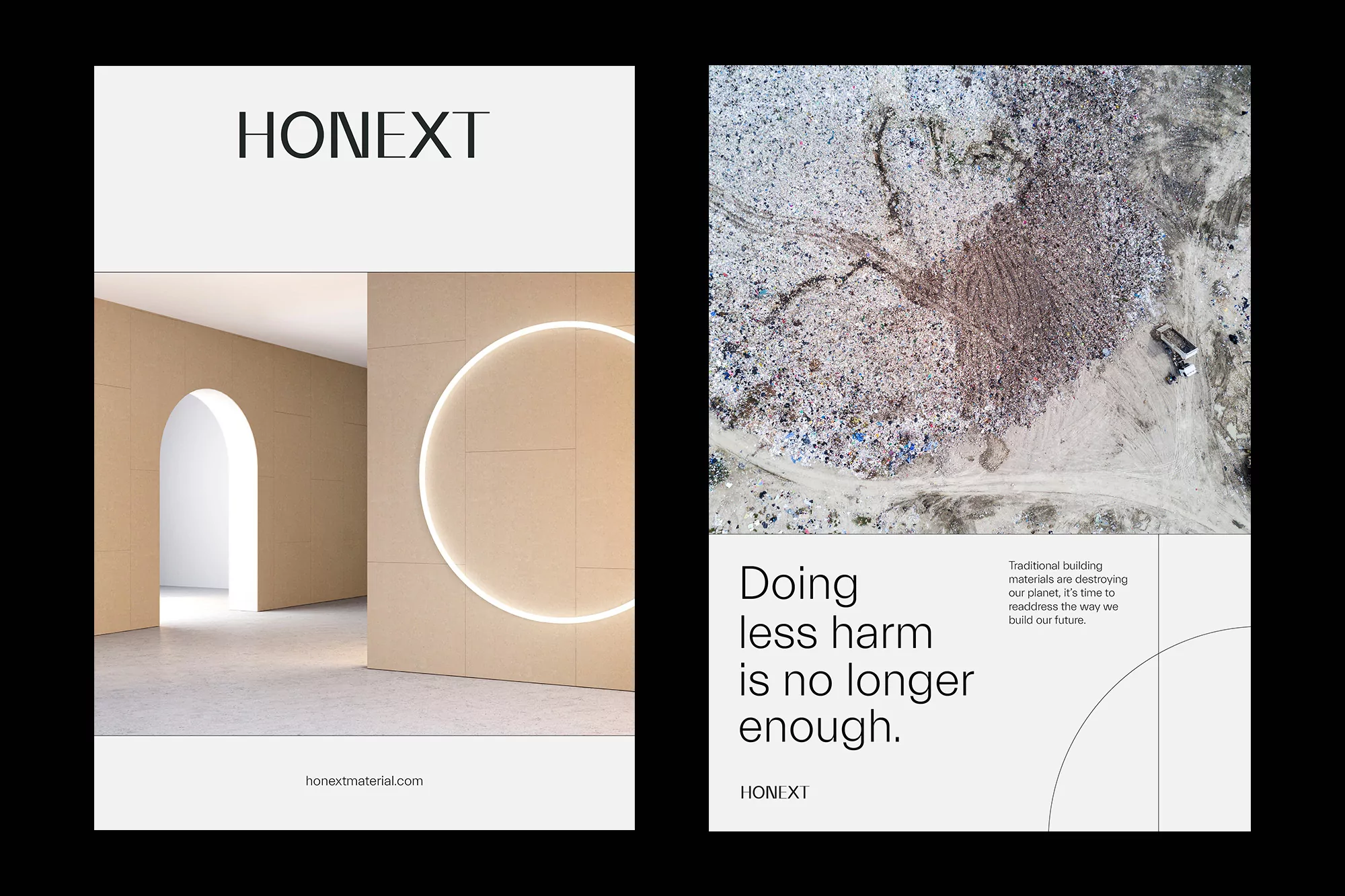 Conceptual posters featuring interior architecture with a circular light and a landfill aerial view, promoting sustainable materials.
