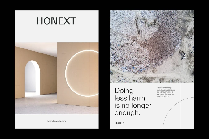 Conceptual posters featuring interior architecture with a circular light and a landfill aerial view, promoting sustainable materials.