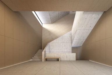 Modern interior architectural space featuring concrete staircases, warm beige wall panels, and a long wooden bench.