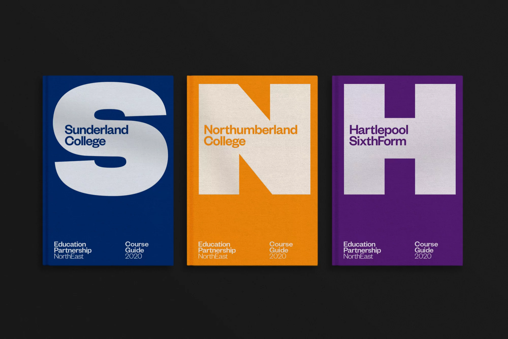 Three college course guides in blue, orange and purple hues, each featuring a large sans-serif initial and college name.