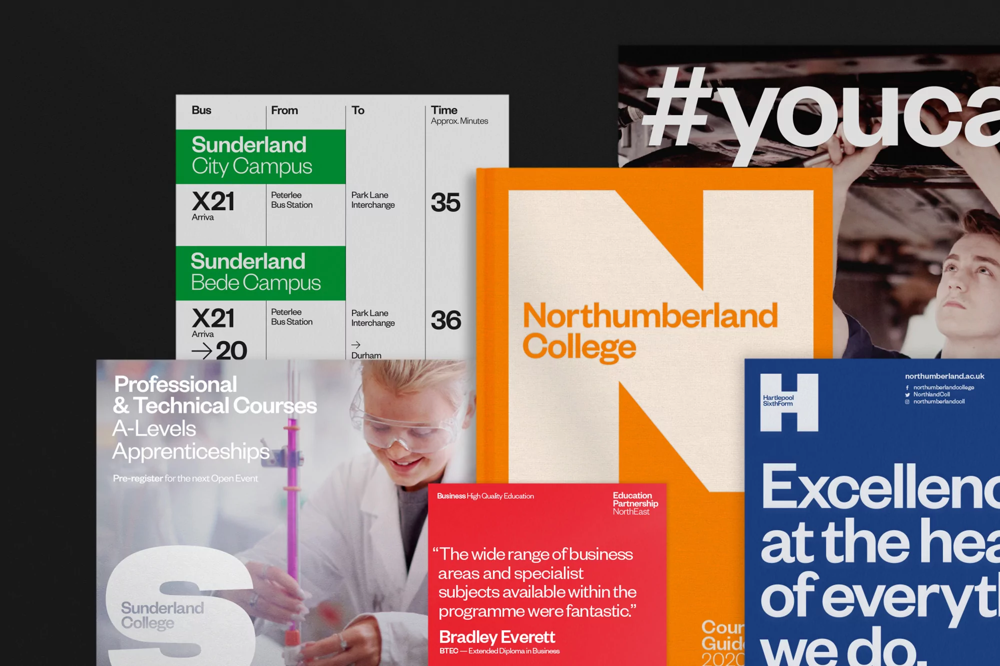 Collage of educational advertisements for Sunderland College and Northumberland College featuring course information and student imagery.