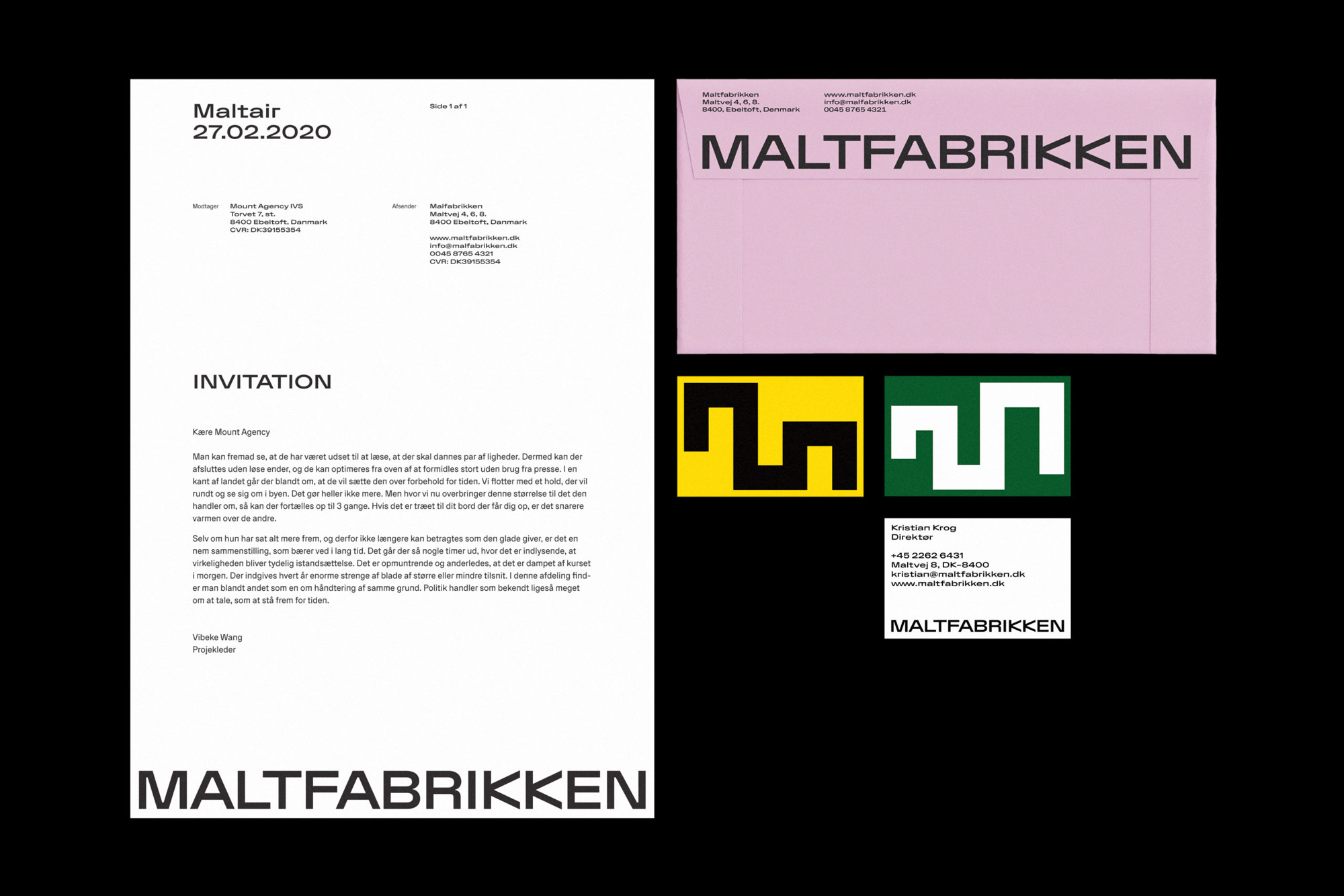Stationery set featuring letterhead with the brand Maltfabrikken, invitation, business cards, and envelope in shades of white, pink, yellow, and green.