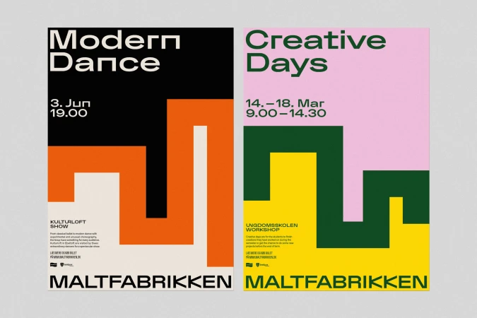 Two posters with bold typography advertise modern dance and creative days events, featuring colorful geometric designs and event details.