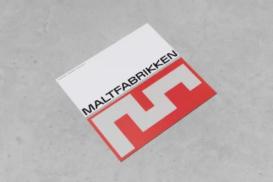 Square brand identity design print for Maltfabrikken with bold typography and red geometric shapes on textured concrete background