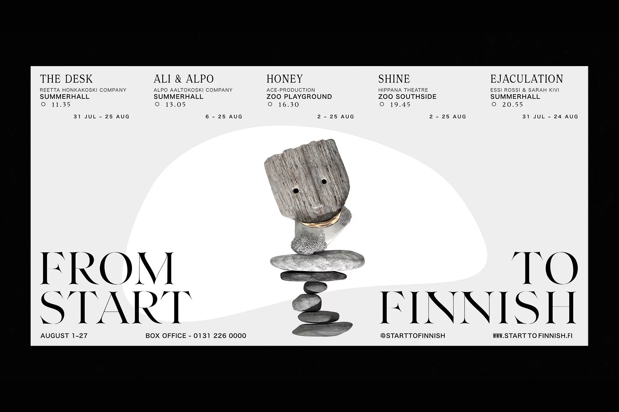 Promotional poster featuring a totem of stacked rocks with a wooden face, set against a stark white background with event details.