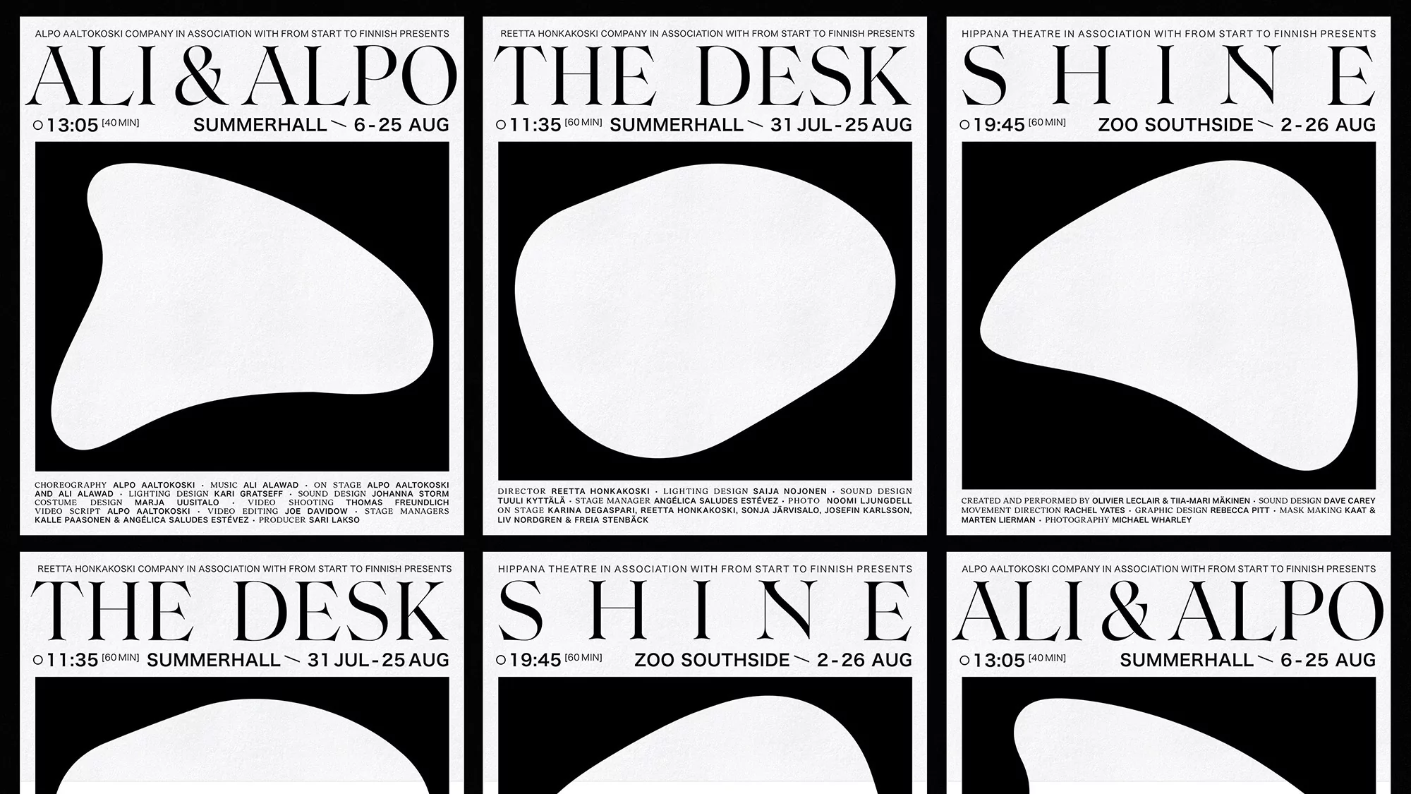Grid of six minimalist black and white posters featuring bold typography and organic white amoeba shapes