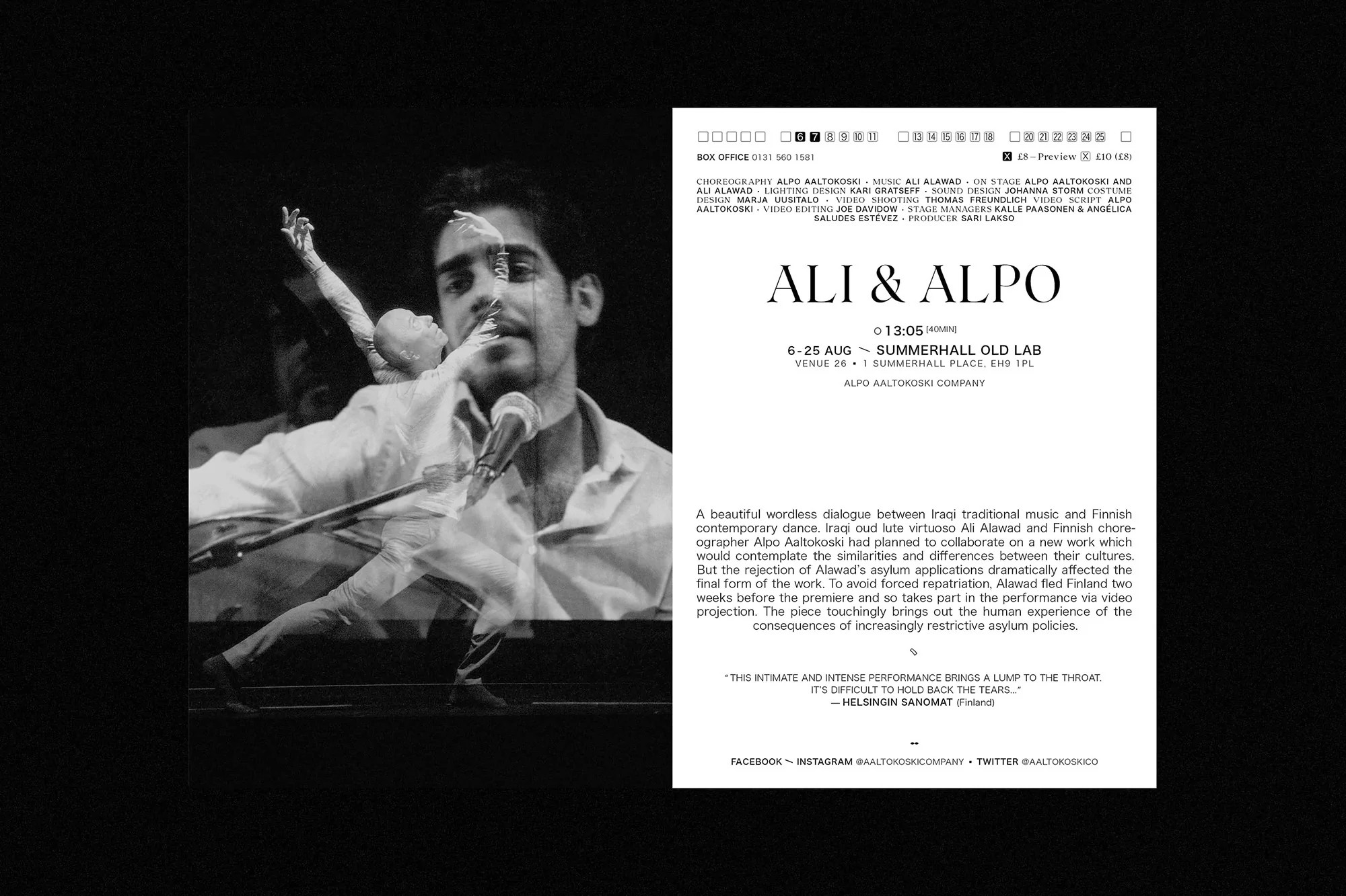 Black-and-white promo shot of a performance called "Ali & Alpo" featuring performers, text, and event information.
