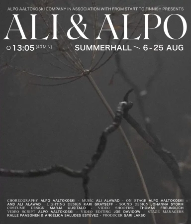 Poster promoting 'Ali & Alpo' event at Summerhall, August 6-25, showcasing a close-up of dried plant stems against a dark grey background.