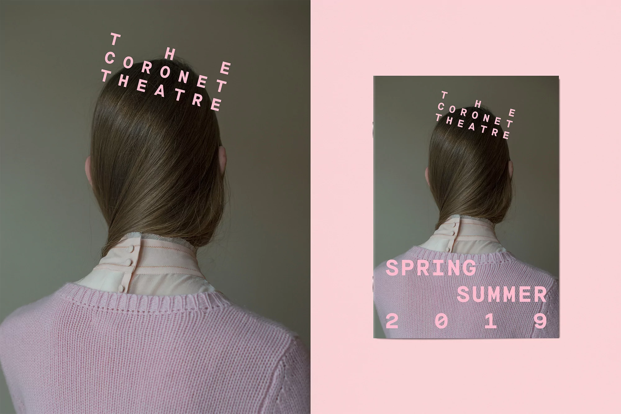 Back of a woman's head with 'The Coronet Theatre' text above and a framed version to the right with 'Spring Summer 2019' text.