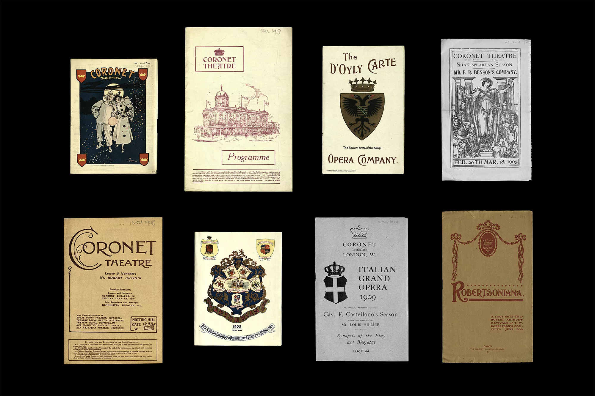 Collection of vintage Coronet Theatre programs showcasing performances, including opera, Shakespeare, and other theatrical productions.