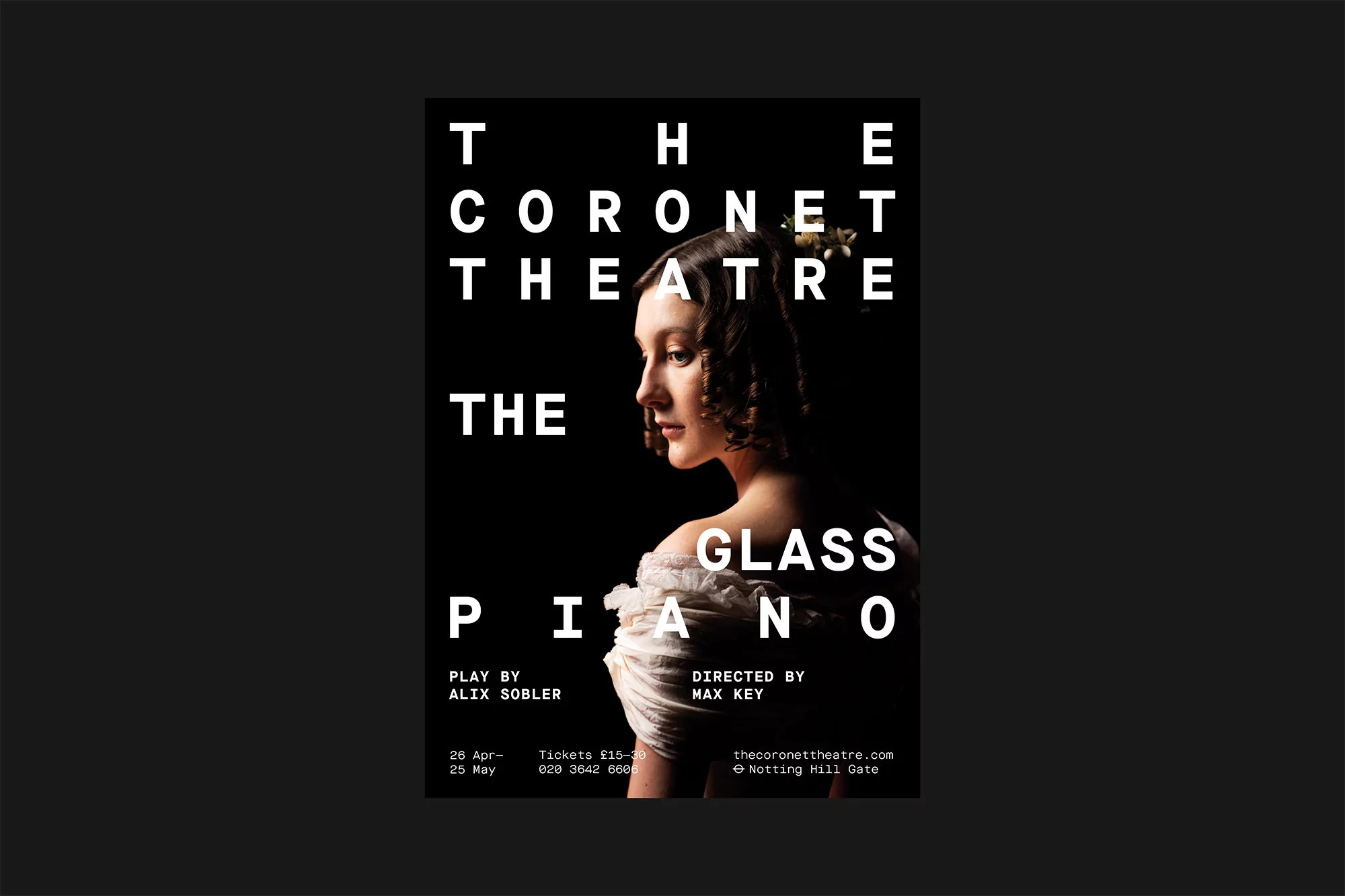 Theatre poster for 'The Glass Piano' featuring a woman in vintage dress, against a dark background with white text.