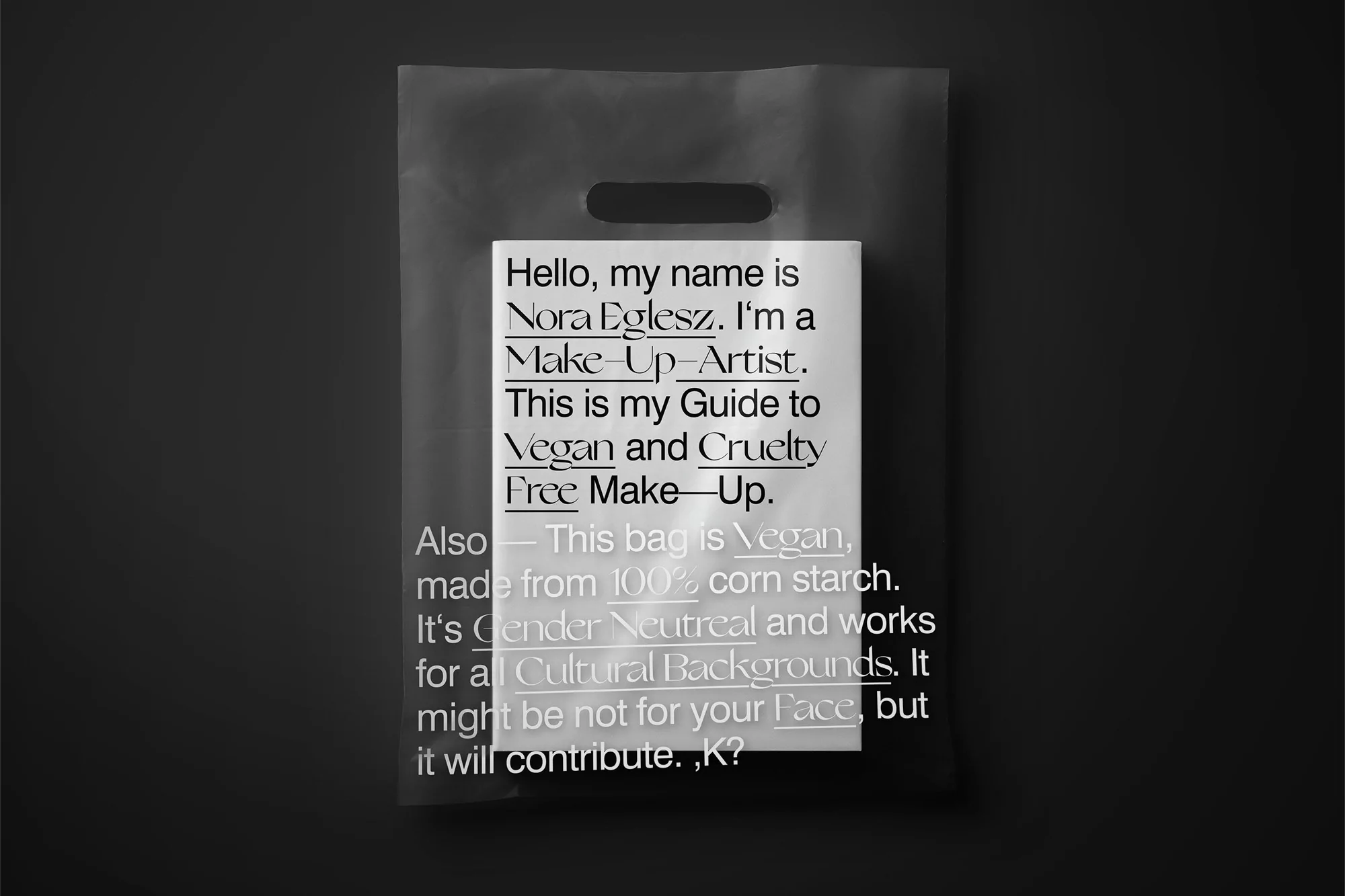 Promotional image of a vegan makeup guide inside a plastic shopping bag with informational text, presented against a dark background.