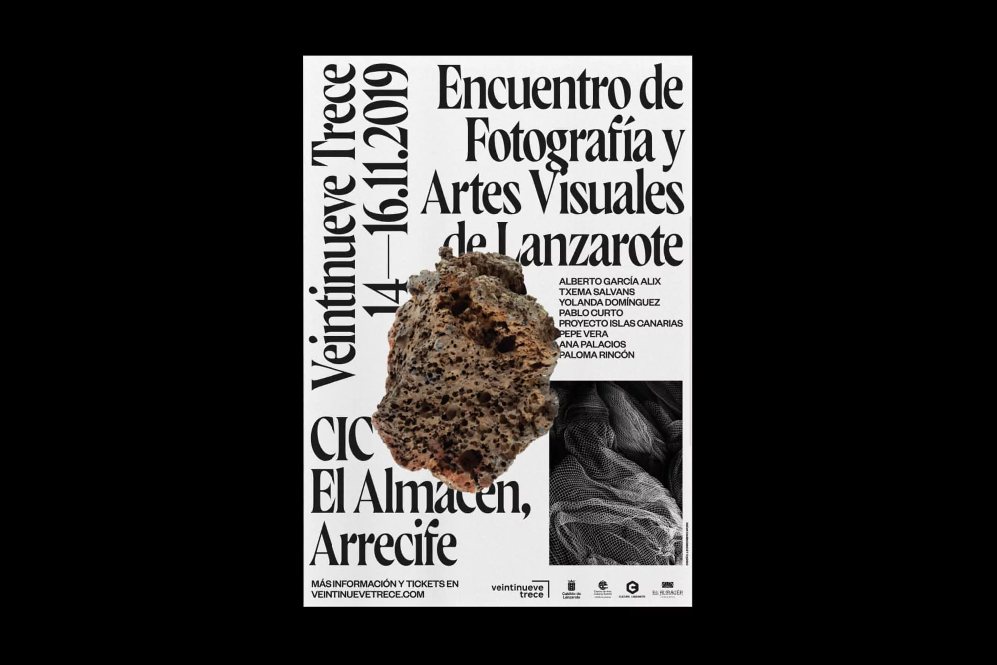 Poster featuring a volcanic rock formation and geometric design elements, promoting the Encuentro de Fotografía y Artes Visuales de Lanzarote.