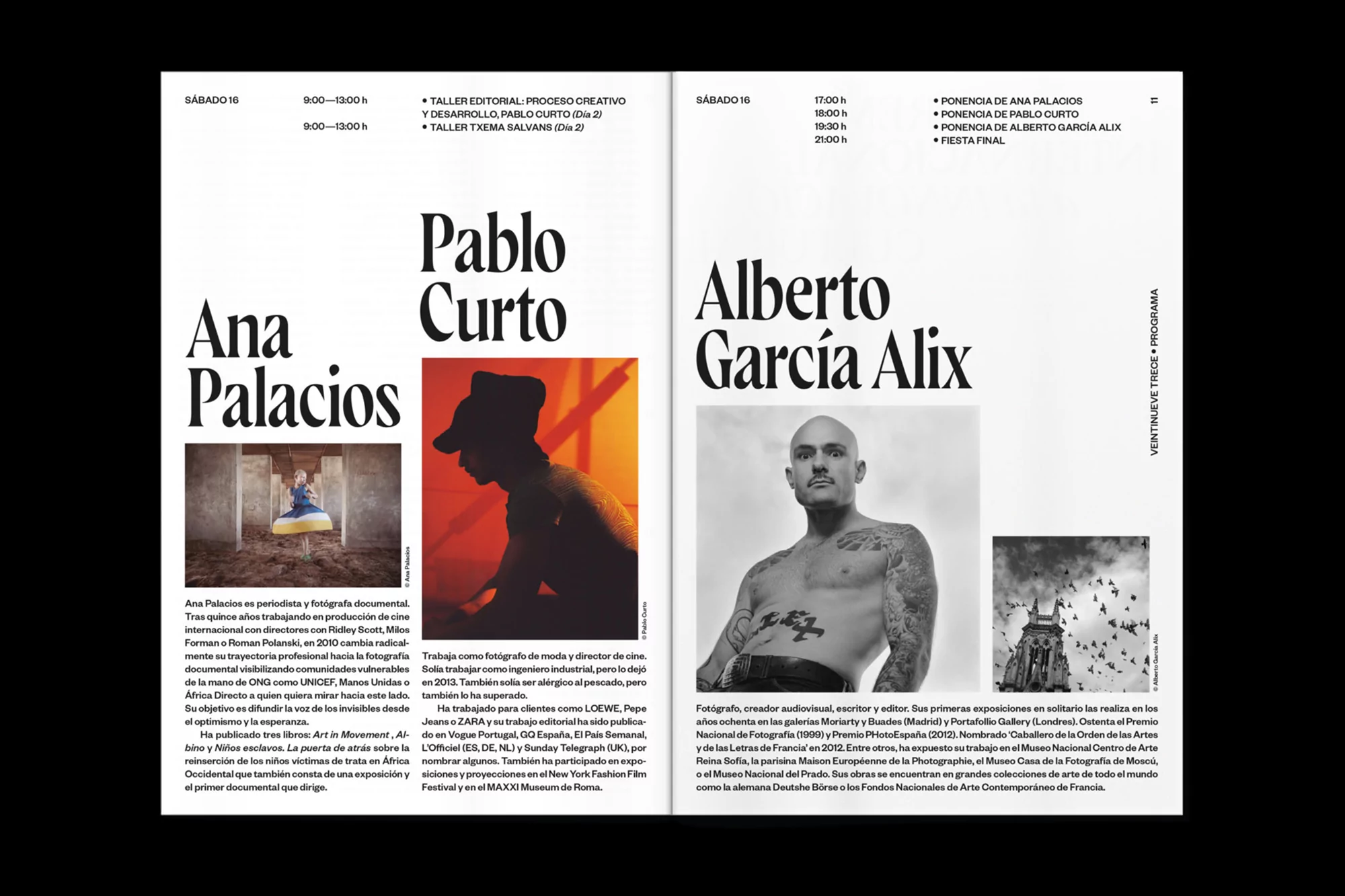 Two-page magazine spread featuring portraits of Ana Palacios, Pablo Curto, and Alberto García Alix, alongside event schedules and descriptions.