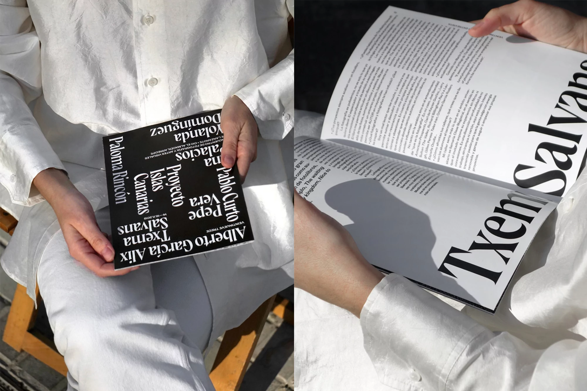 Close-up split view of hands holding a black typographic booklet and opening a magazine featuring bold white typography.