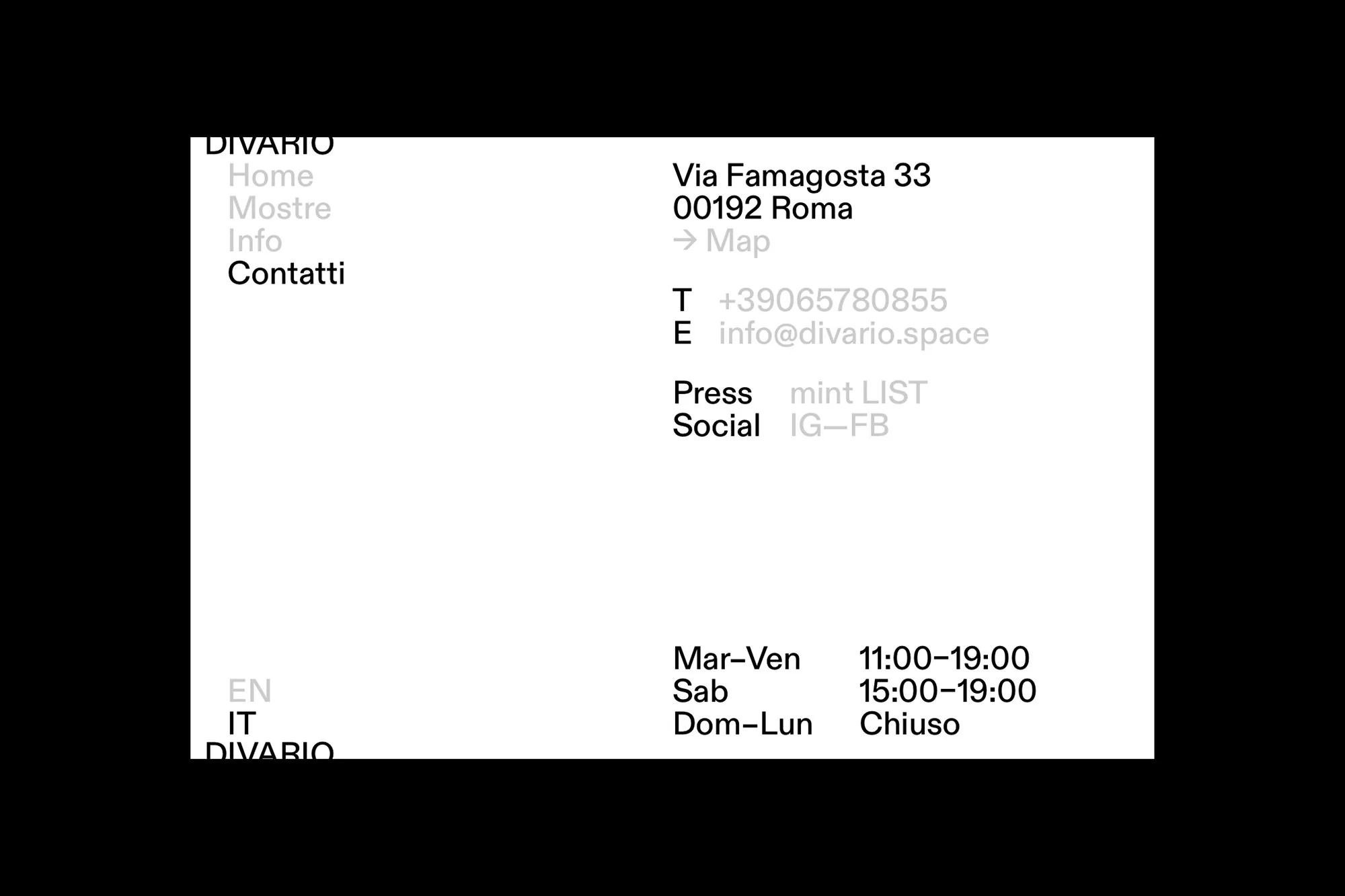 Text-based graphic features contact information for Divario in Rome, including address, phone number, email, and hours of operation.