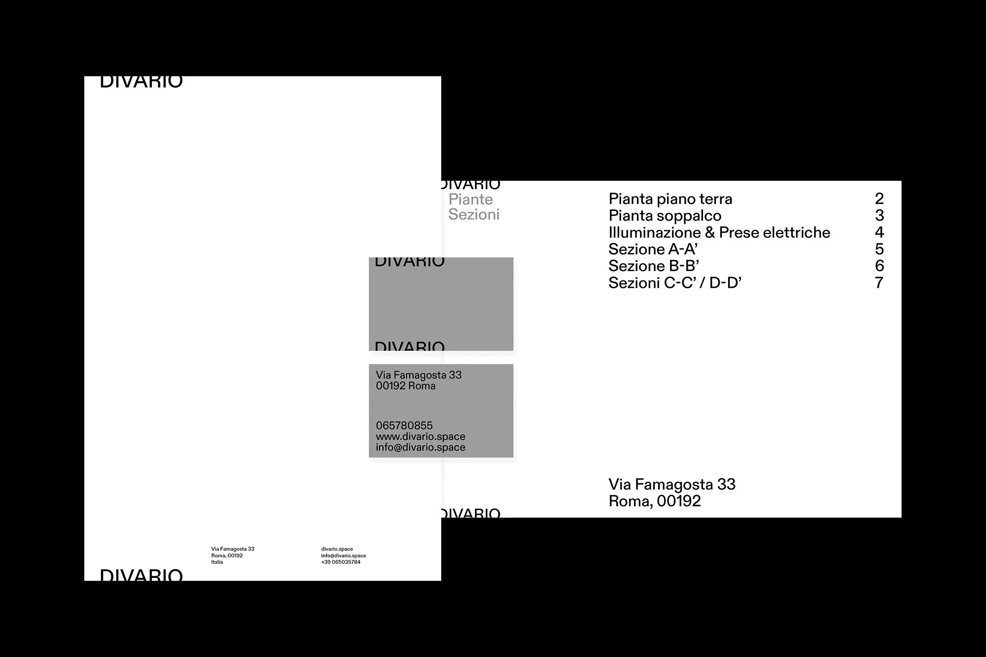 Architectural presentation featuring Divario company branding, contact details, and floor plan sections on a white and black background.