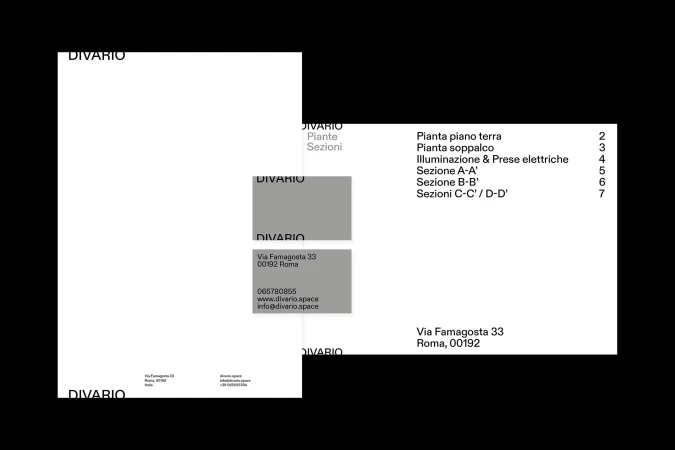 Architectural presentation featuring Divario company branding, contact details, and floor plan sections on a white and black background.