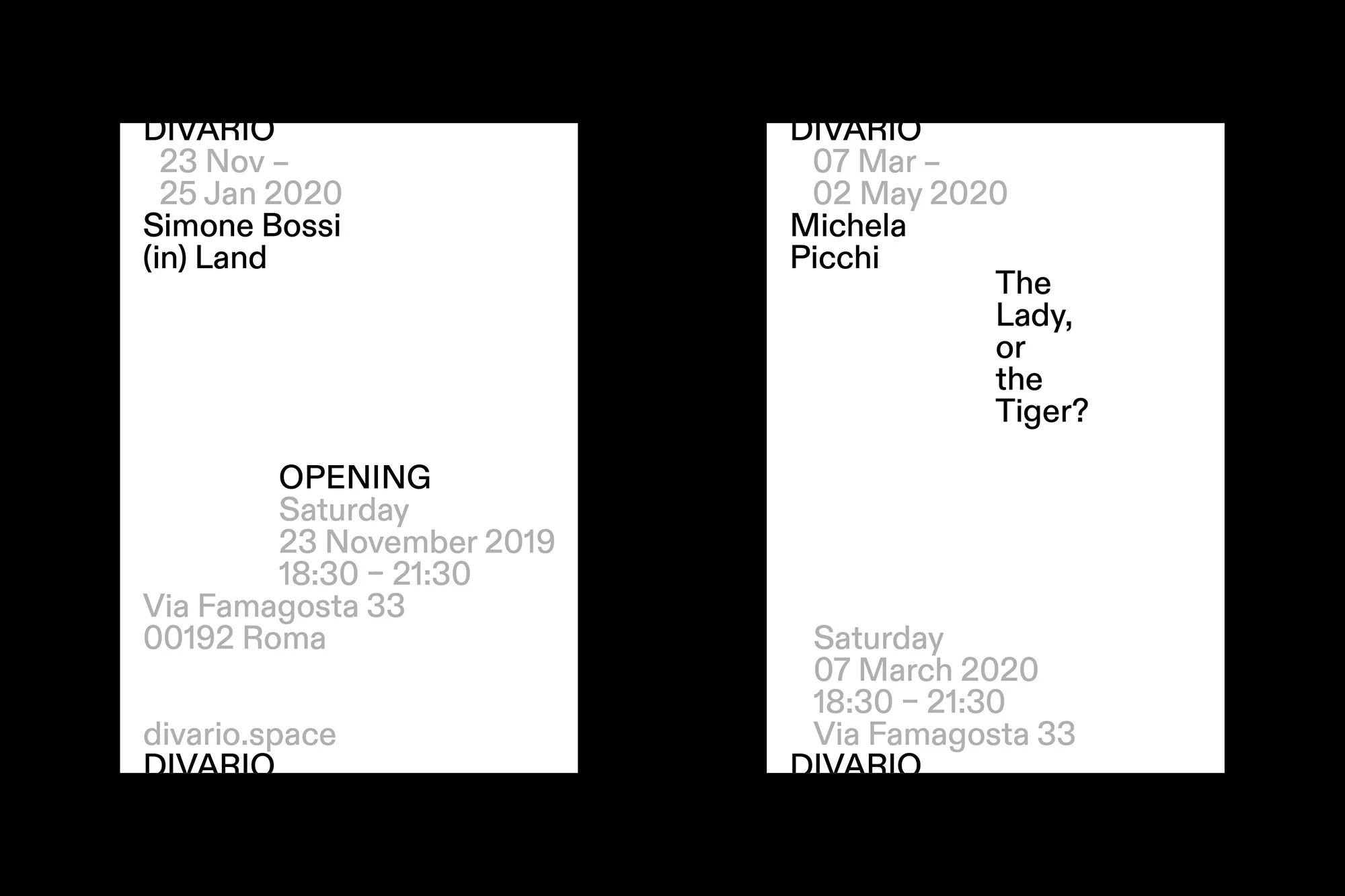 Art exhibition posters featuring artist names, exhibition titles, dates, opening information, and gallery contact details in grayscale typography.