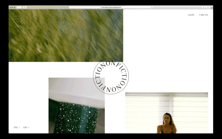 Web browser showing a blurred image of a grass field, a woman, and a product advertisement with the brand name NONFICTION.