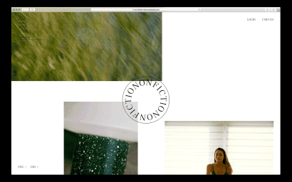 Screenshot of the Nonfiction website layout featuring a circular logo, image panels, and minimalist typography against a clean white background.