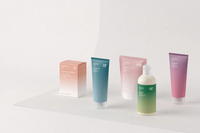Studio shot of Dermica skincare products in pink, blue, green, and purple gradient packaging against a clean, minimalist background.