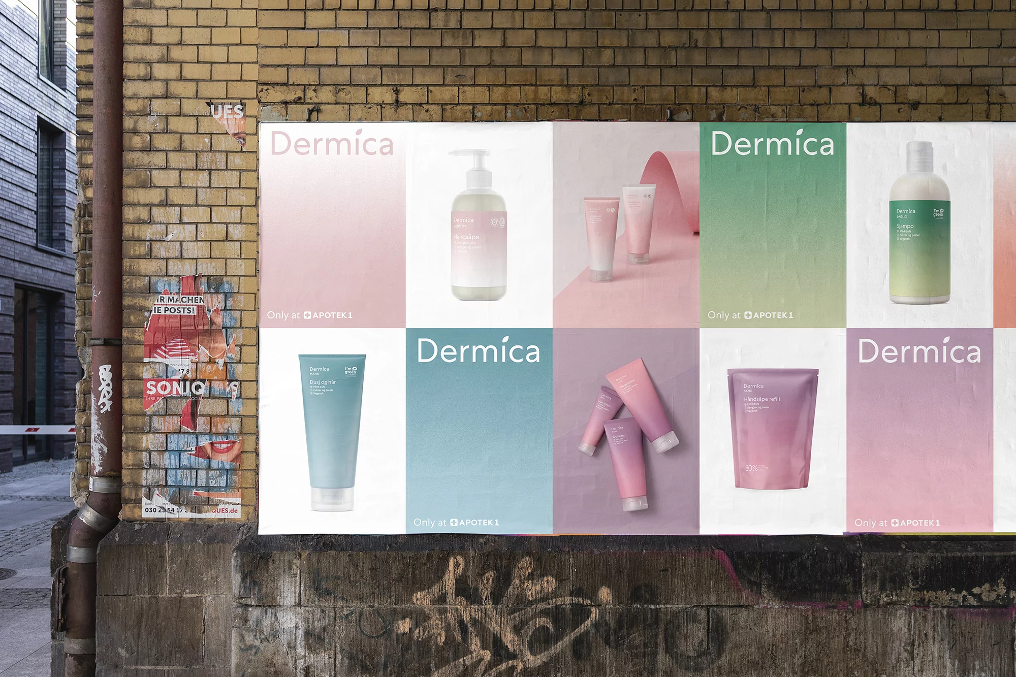 Outdoor advertisement featuring Dermíca skincare products displayed on a weathered brick wall in an urban setting, promoting beauty and skincare.